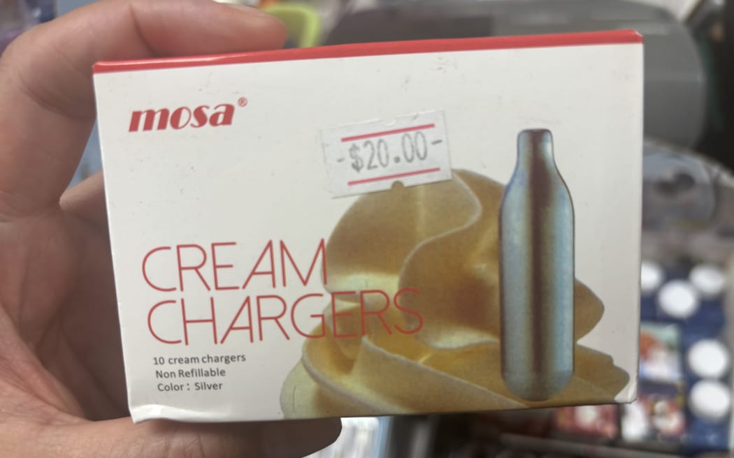 Nitrous oxide products available to purchase one of the stores visited by Checkpoint in Auckland.