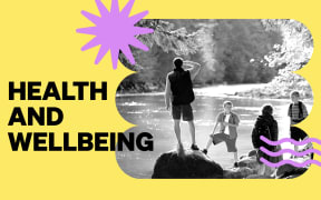 Bold black text reads “Health and Wellbeing” on a soft yellow background. The right side features a black-and-white photo of children and a man exploring by a river, framed by a stylized open-book shape. A lilac starburst and wavy lines add playful visual elements.