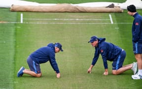 Black Caps coach Gary Stead and bowling coach Kyle Mills inspect the Basin Reserve wicket as Matt Henry of New Zealand looks on.