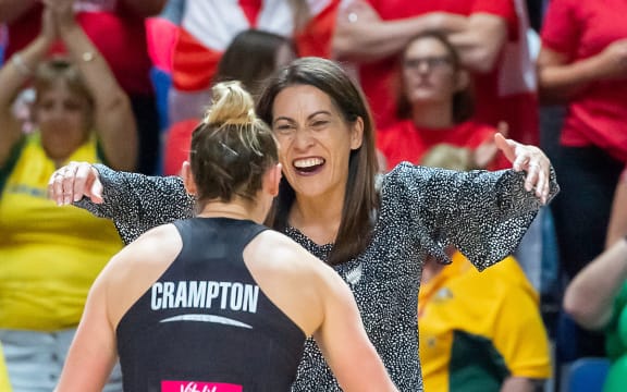 Silver Ferns coach Noeline Taurua celebrates with Gina Crampton after the semi-final victory over England.