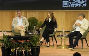 Aware Group chief executive Brandon Hutcheson, Dr Amanda Williamson, an AI lead at Deloitte and Glen Willoughby who is chief executive at Staples VR and also an advisor to NASA on emerging technologies during a panel discussion at the New Zealand Economics Forum.