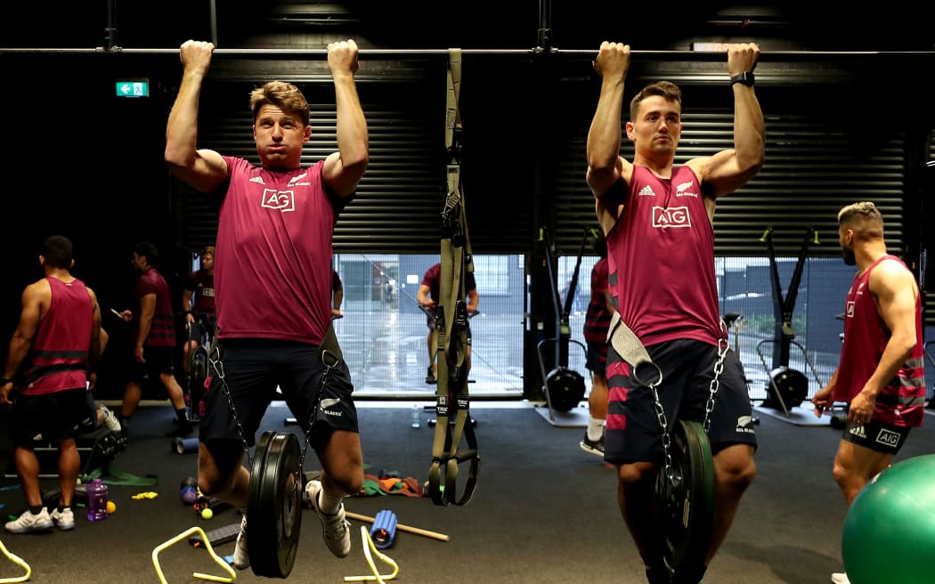 Beauden Barrett (L) and Will Jordan (R) during an All Blacks gym session. Auckland. October, 2020.