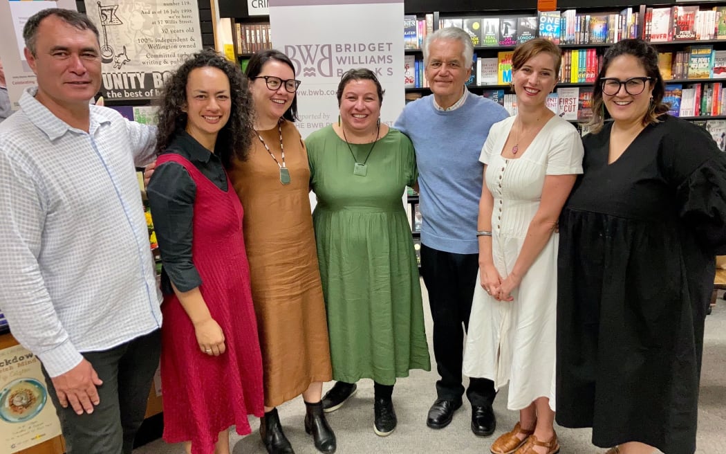The authors of Imagining Decolonisation at Unity Books in Wellington in April. Mike Ross, Ocean Ripeka Mercier, Jennie Smeaton, Rebecca Kiddle, Moana Jackson, Amanda Thomas, Bianca Elkington.