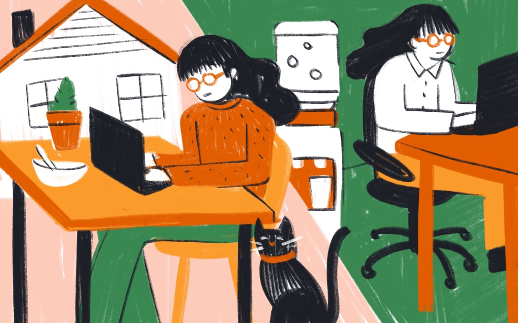 Stylised illustration of woman working from home and woman working at office