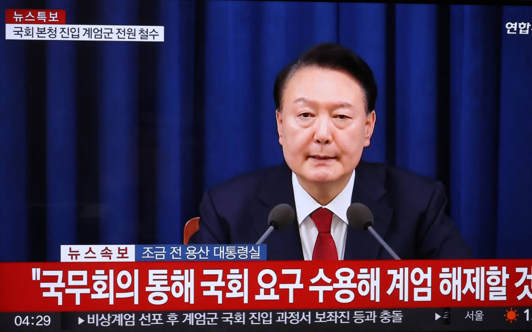 A television screen shows South Korea's President Yoon Suk Yeol announcing the lifting of martial law, in Seoul, South Korea on December 4, 2024, hours after Yoon imposed it. - South Korean President Yoon Suk Yeol faced demands to resign on December 4 after his short-lived attempt to impose martial law was voted down by lawmakers and brought thousands of protesters to the streets. (Photo by YONHAP / AFP) / - South Korea OUT / NO USE AFTER DECEMBER 14, 2024 04:16:43 GMT -  - SOUTH KOREA OUT / NO ARCHIVES -  RESTRICTED TO SUBSCRIPTION USE