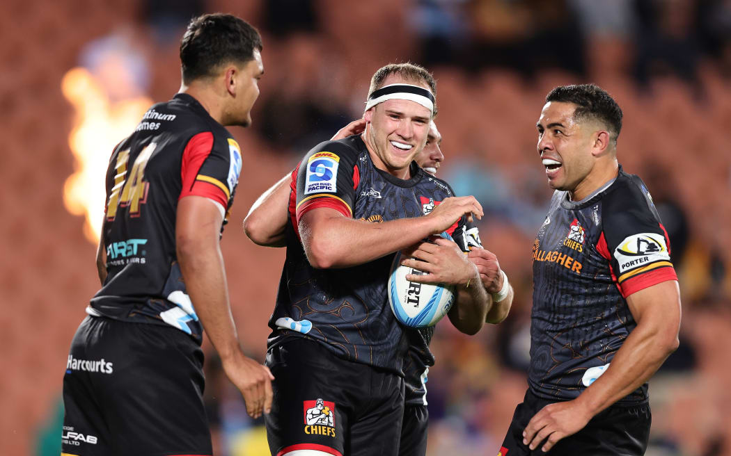 Kaylum Boshier celebrates his second try.