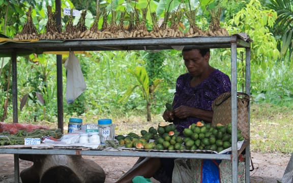 A woman in Papua New Guinea selling betel nut and accessories by the roadside.