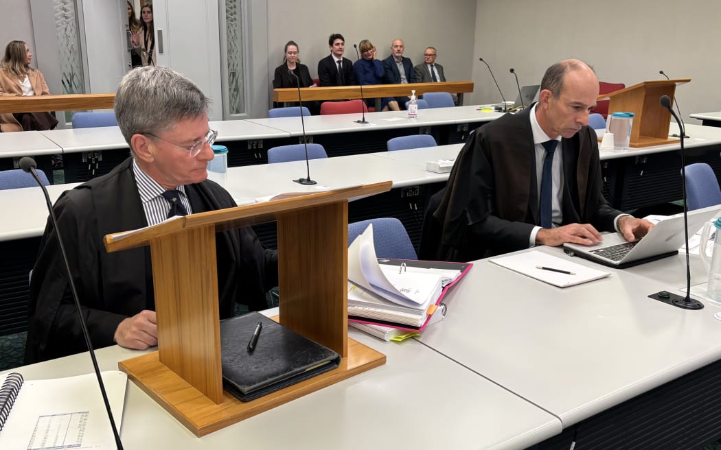 Lawyers for the Greyhound Racing Association (left to right) Chris Finlayson KC and Jonathan Kaye at the High Court in Wellington.