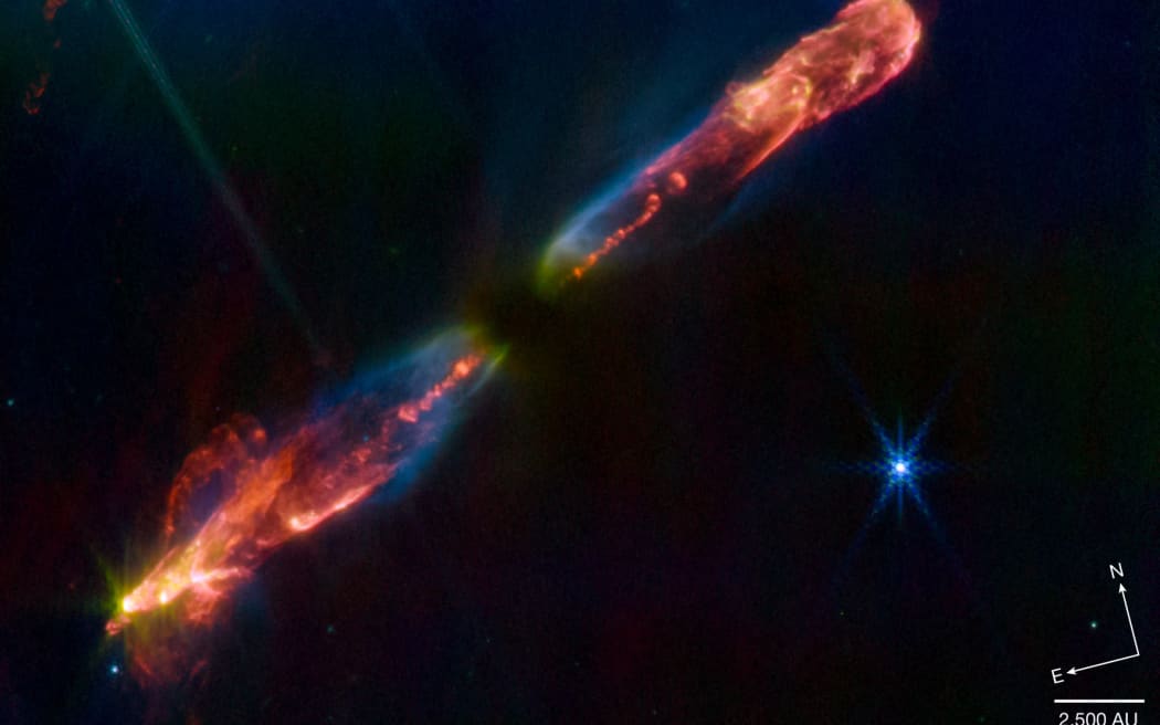 This image of HH211, taken by the James Webb Space Telescope, shows a nascent star.