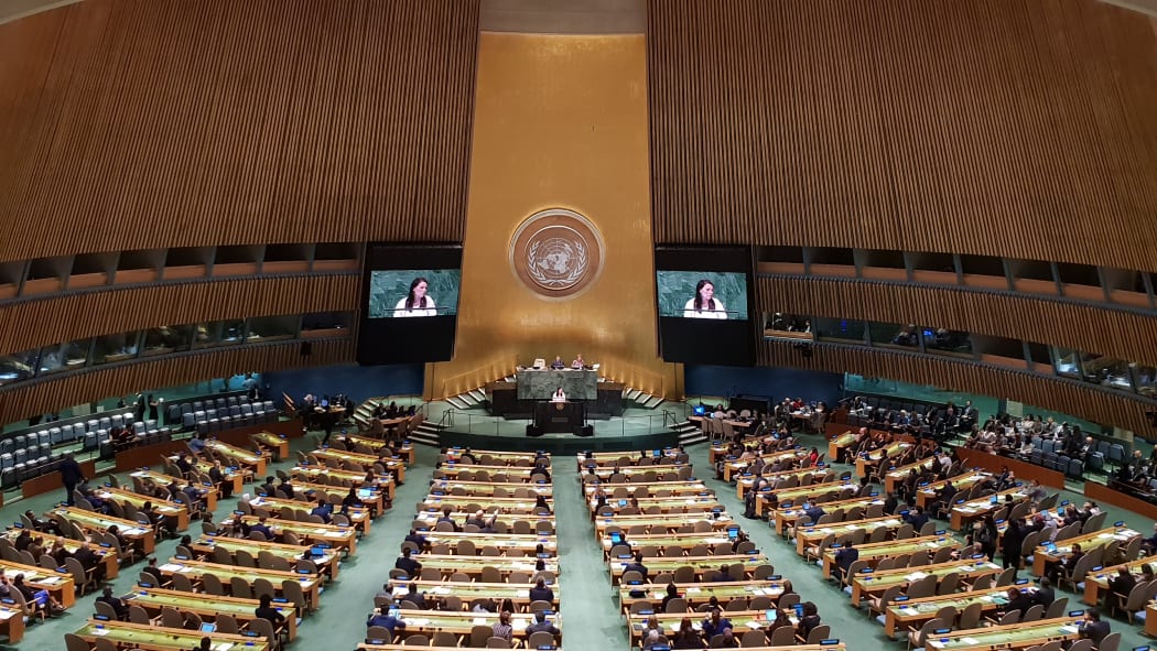 Prime Minister Jacinda Ardern delivering New Zealand's national statement at the United Nations.