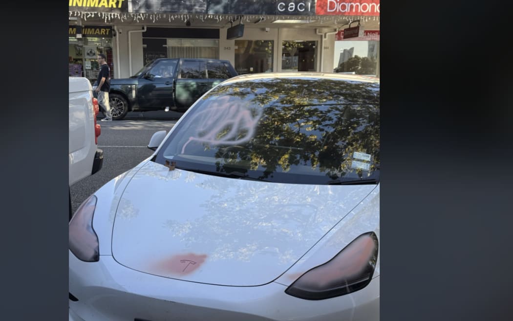 A photo of a Tesla marked with spray paint posted on Reddit with the caption 'Ouch, spotted on Ponsonby Road this morning.'