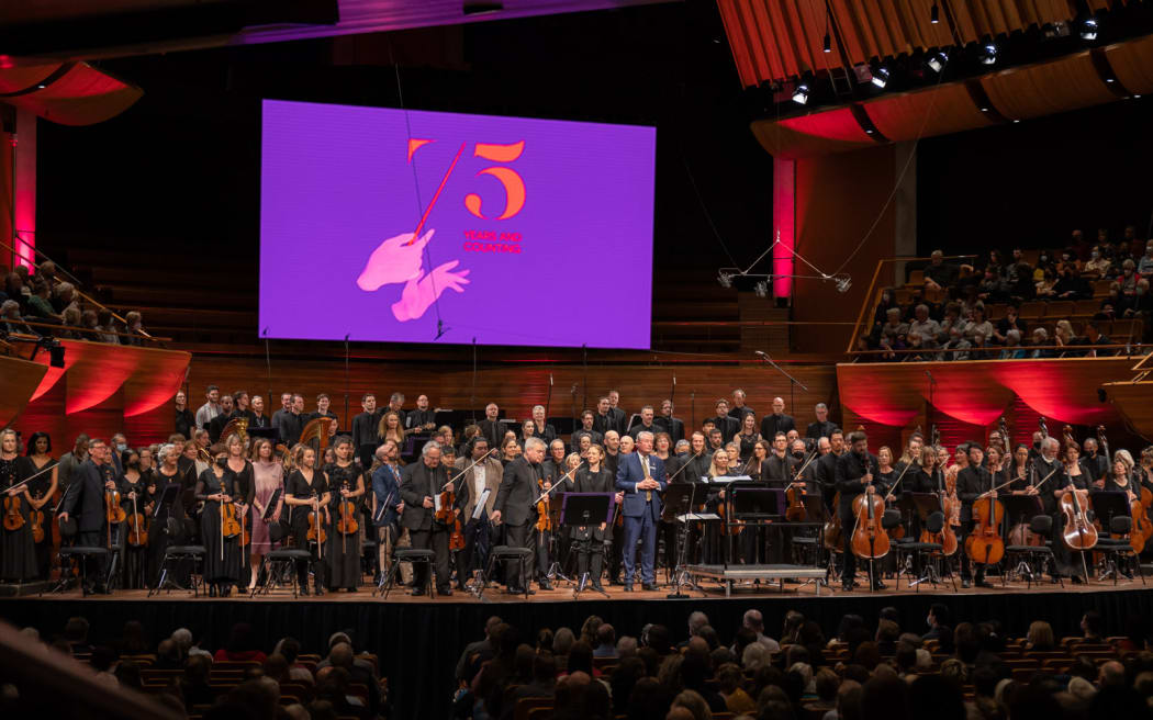 NZSO whānau on stage at the 75th Jubilee Concert