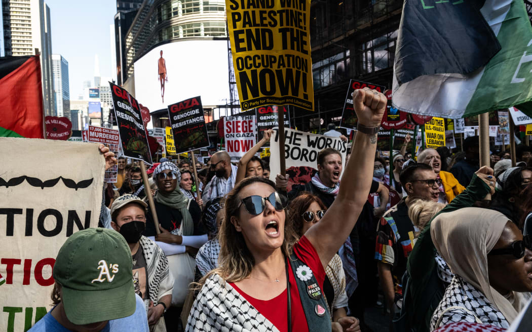 NEW YORK, NEW YORK - OCTOBER 5: Pro-Palestinian protesters rally in support of Gaza and Lebanon in Times Square on October 5, 2024 in New York City. Protesters are ramping up their demonstrations in anticipation of the October 7th one year anniversary of the attack on Israel by Hamas.   Stephanie Keith/Getty Images/AFP (Photo by STEPHANIE KEITH / GETTY IMAGES NORTH AMERICA / Getty Images via AFP)