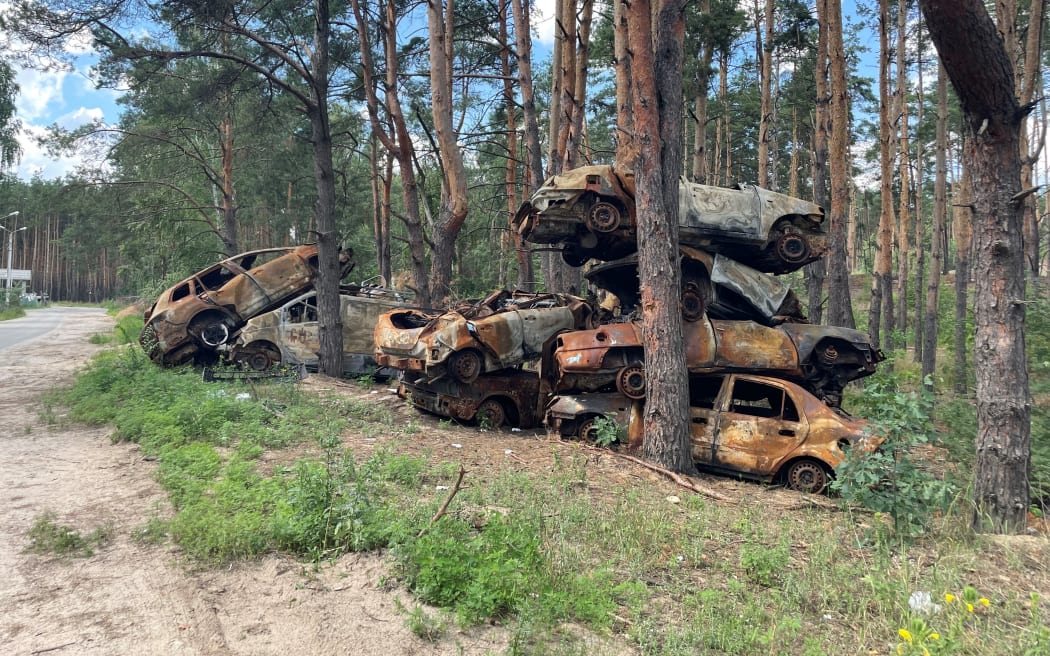 Piles of torched cars