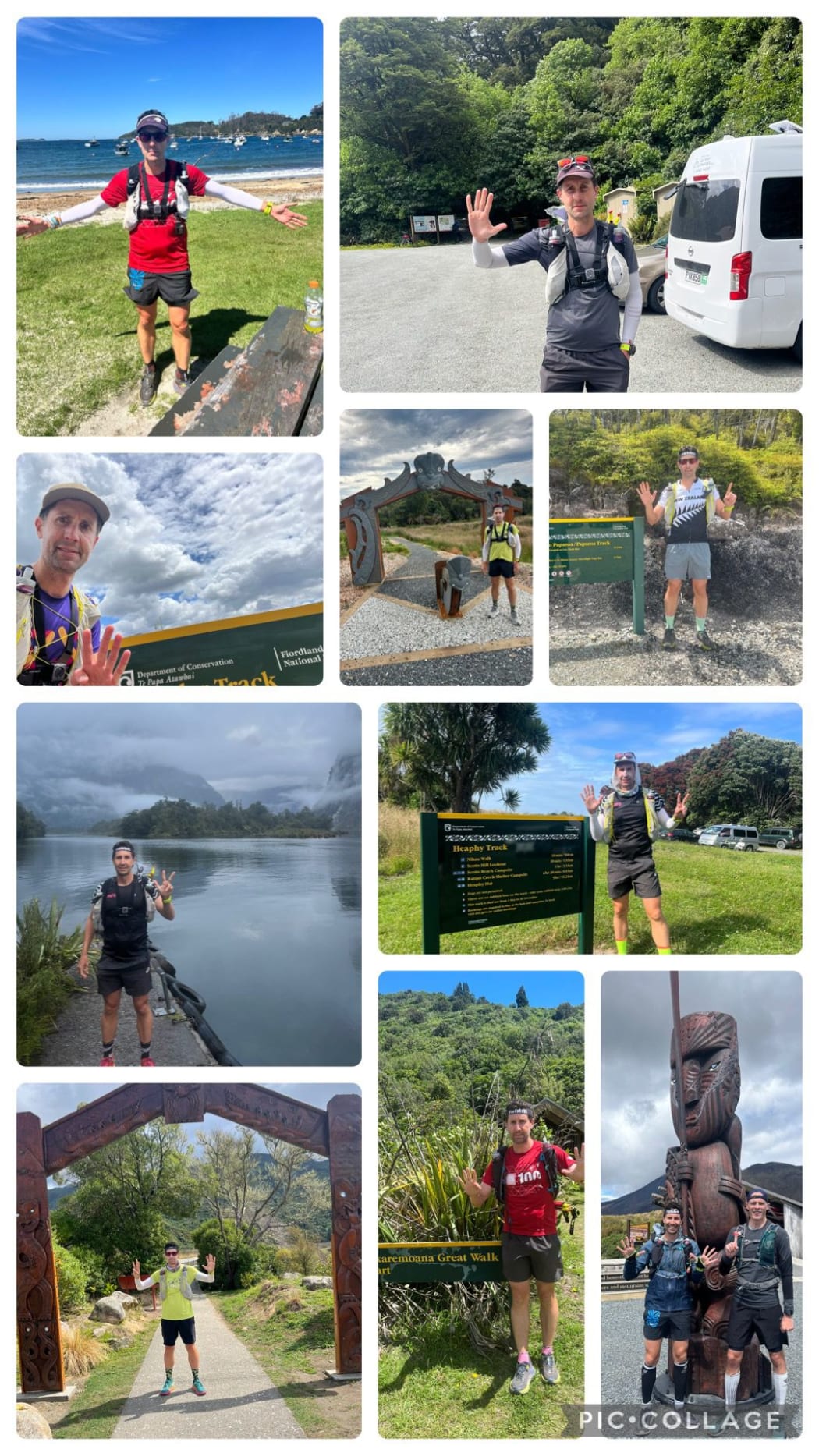 A collage of photos showing Romain in different Great Walks around the country.