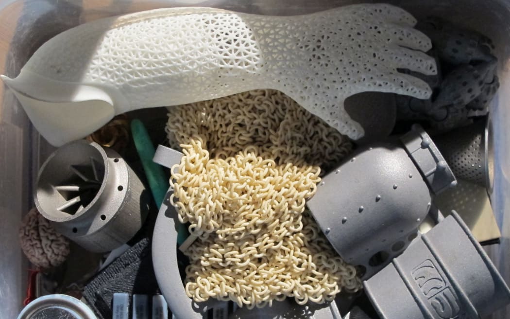 A variety of 3D printed objects including the prosthetic arm for Naya