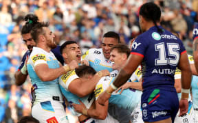 David Fifita of the Titans celebrates his try during the round eight NRL match between New Zealand Warriors and Gold Coast Titans.