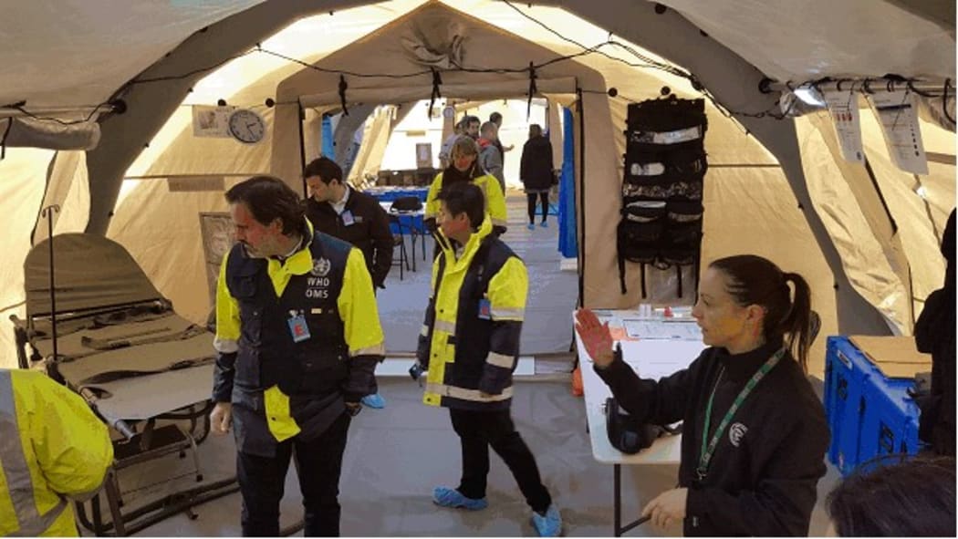 NZMAT’s new high-tech tent hospital gets checked by the World Health Organization.