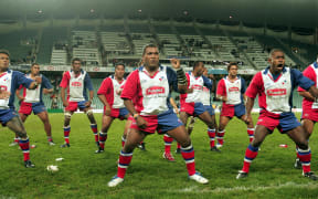 Pacific Islanders perform haka during the match between NSW Waratahs v Punjas Pacific Islands, Aussie Stadium. 25th June 2004. Photograph taken by Paul Seiser ©Seiser Photography/ Photosport