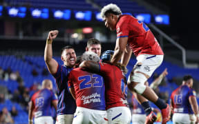 Fine Inisi of Moana Pasifika celebrates his first try during the Moana Pasifika v Melbourne Rebels.