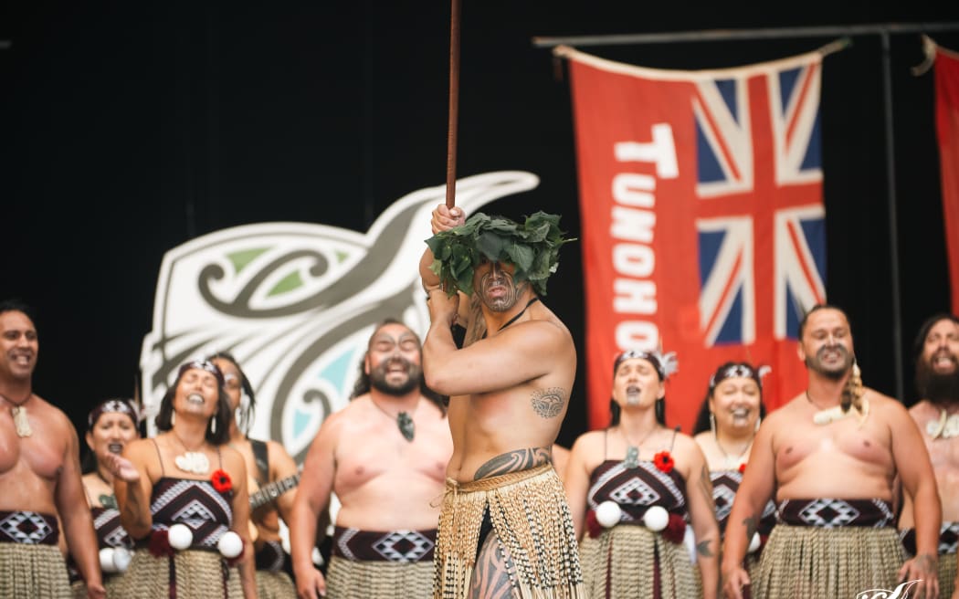 Te Kapa Haka o Ngāti Whakaue at 2025 Te Matatini Festival at Pukekura/Bowl of Brooklands in New Plymouth.