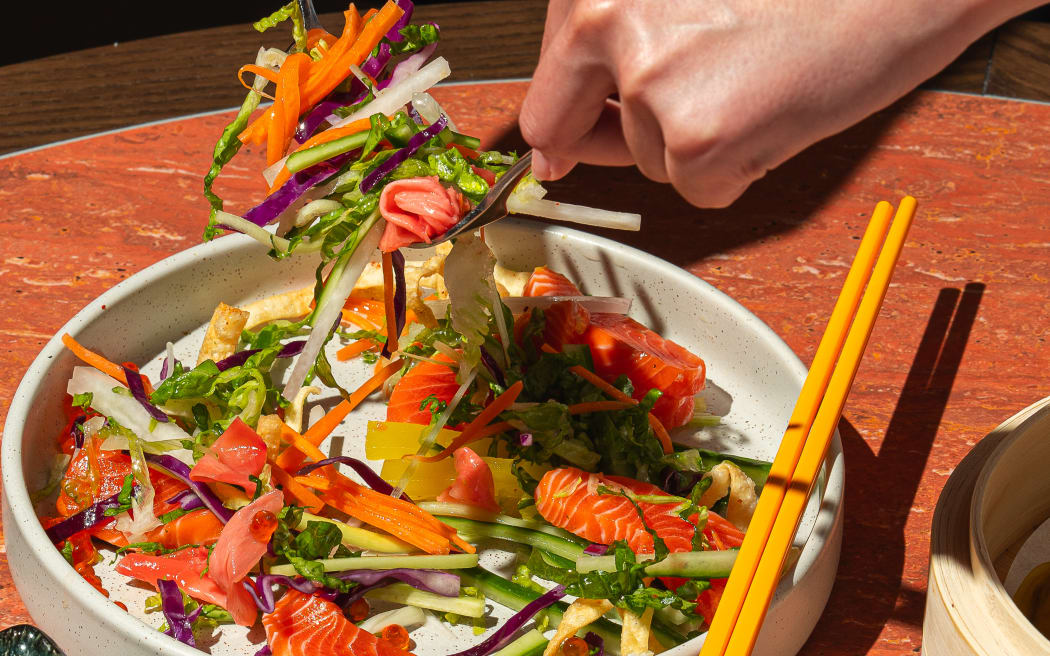 Nic Watt’s Yusheng “Prosperity toss” king salmon & vegetable salad