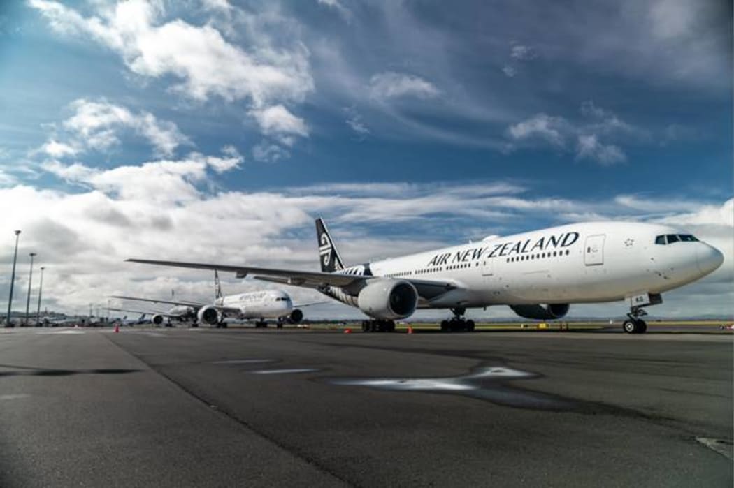 One of Air New Zealand’s 777-200 aircraft, ZK-OKG, parked up in Auckland.
