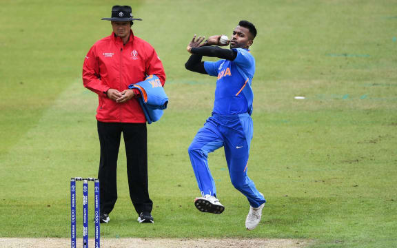 Hardik Pandya bowling.
New Zealand Black Caps v India. ICC Cricket World Cup semi final match. Old Trafford Cricket ground, Manchester UK.