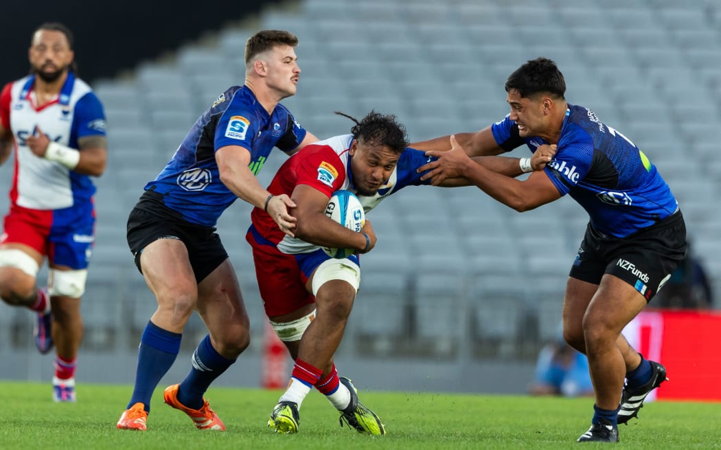 Moana Pasifika loose forward Semisi Tupou Ta’eiloa during the Super Rugby Paciﬁc - Blues v Moana Pasifika at Eden Park, Auckland - New Zealand - on Saturday  12th  April  2025.
Photo credit: Brett Phibbs / www.photosport.nz