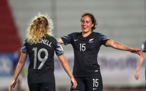 Football Ferns players Paige Satchell and Sarah Morton.