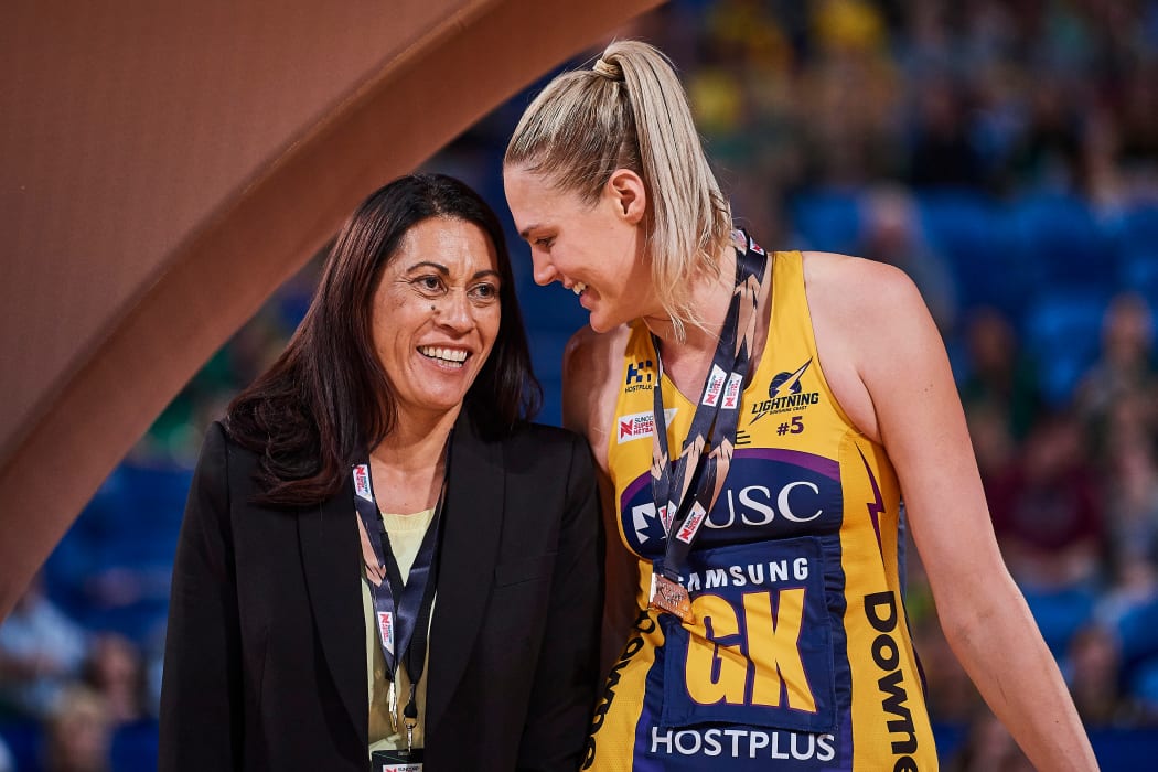 Dame Noeline Taurua and Caitlin Bassett after winning the Suncorp Super Netball title in 2018 with the Sunshine Coast Lightning.