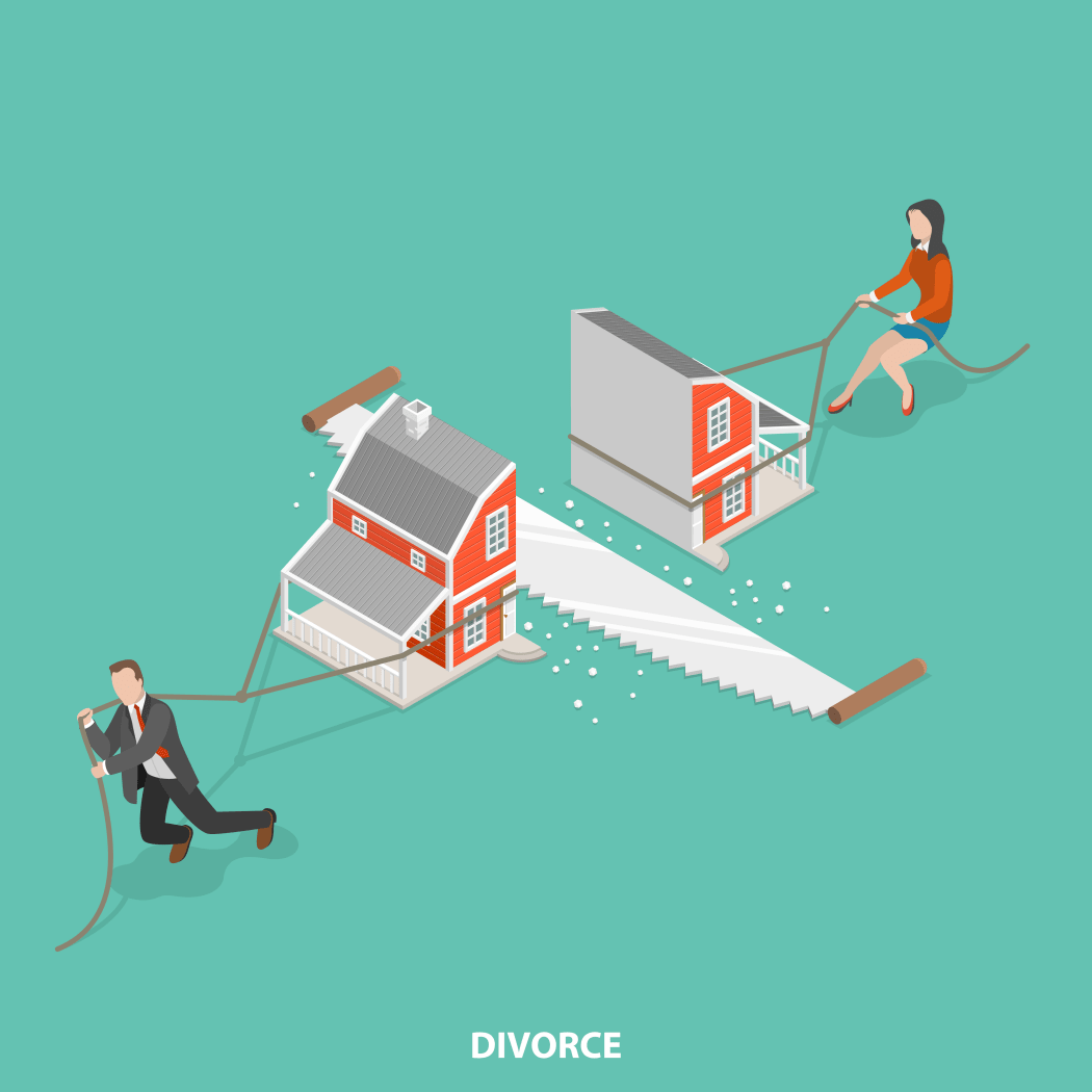 Divorce flat isometric vector concept. Man and a woman are dragging their half of the sawn house.