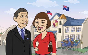 A cartoon King Charles, then Charles Prince of Wales, with Helen Clark as they looked on the animated show Bro'Town
