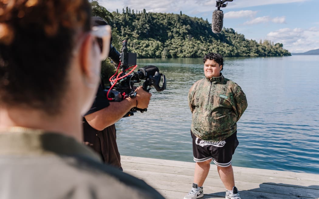 One of Fly My Pepeha's main narrators - 13-year-old Moko Peni from Rotorua, behind the scenes.