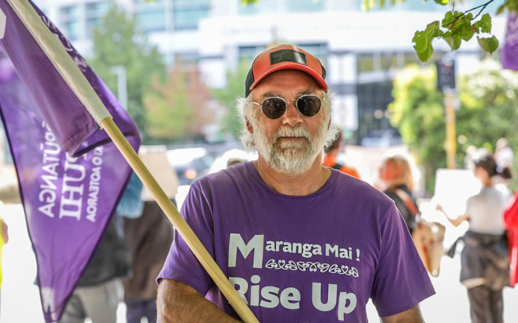 Christchurch health workers protest holiday act payment delays outside hospital on 11 March 2024.