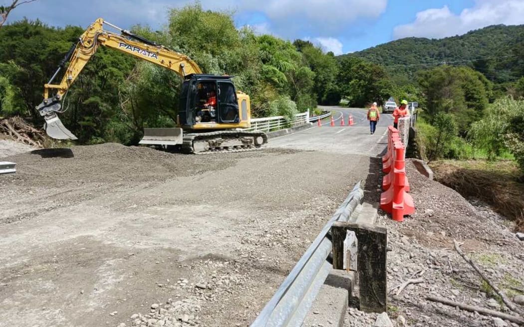 Repairing storm damage on the East Coast's SH35, at Taurangakoau Bridge, 25 January 2026.