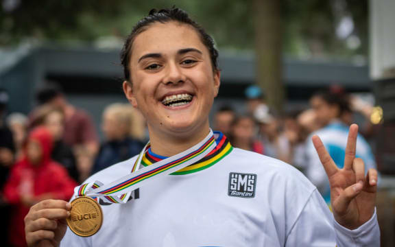 Jessie Smith of New Zealand is crowned Junior Women's World Champion at the 2019 UCI BMX World Championships in Zolder, Belgium on 27 July 2019.