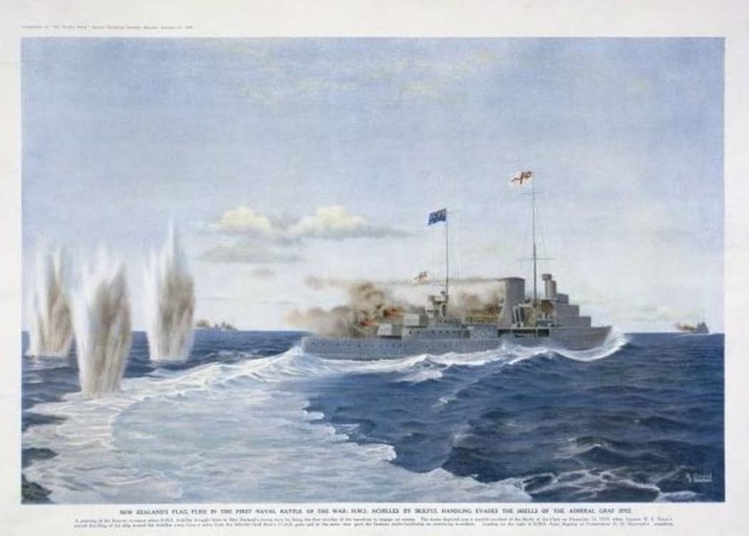 A painting by Arthur John Lloyd (b 1884) depicting the Achilles with the New Zealand flag flying during the Battle of the River Plate.
