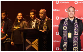 Rev Mua Strickson-Pua, right, and in action at the Pacific Music Awards.