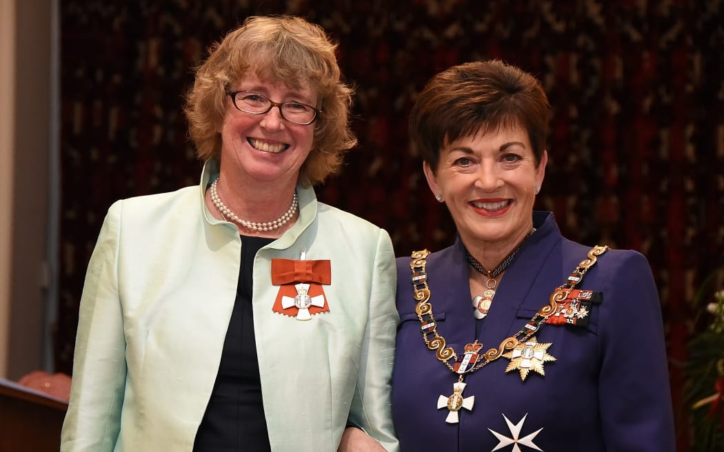 Lyn Provost after her investiture as CNZM, for services to the State, by the Governor General, Dame Patsy Reddy, on 31 August 2017.