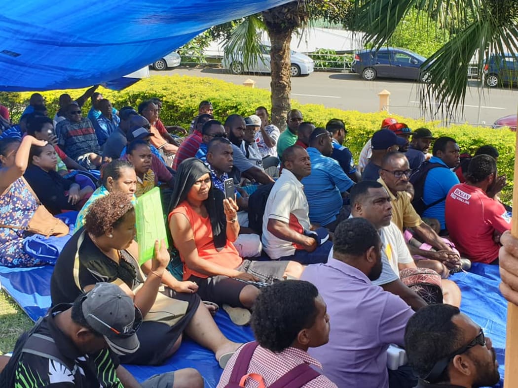Workers from the Fiji Water Authority stage a protest in Nadi. More than 30 people have been arrested by police in relation to the action and a planned protest this weekend. 1 May 2019