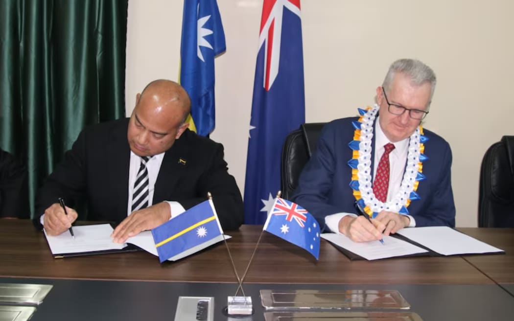 Nauru's President David Adeang and Australia’s Home Affairs Minister Tony Burke signed the new deal for the Pacific Island nation to accept hundreds of non-citizens last week. (Facebook: Nauru Government)