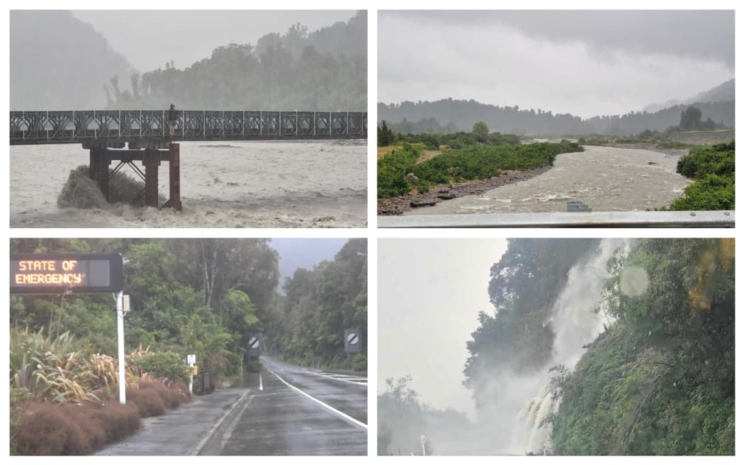 From top left: Spectator on the Waiho bailey bridge on SH6, near Franz Josef, the Tatare River near Franz Josef as seen from SH6, Roaring Billy Falls in Haast Valley and  state of emergency sign in Fox Glacier.