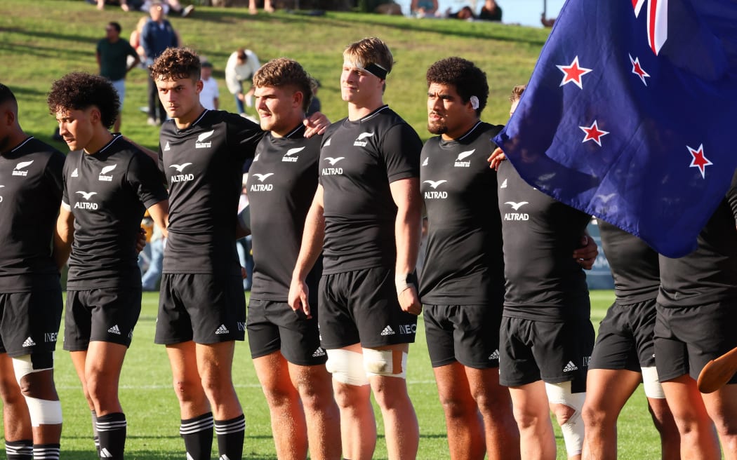 The New Zealand U20s line up for the national anthem during the inaugural 2024 Rugby Championship.