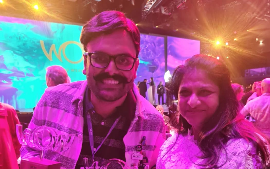 Ashish Dhaka (left) with Indian High Commissioner to New Zealand Neeta Bhushan at 2024 World of Wearable Art in Wellington.