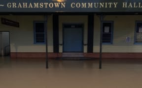 Pic from morning of Feb 14. Main Street of Thames has flooded aftetr a night of heavy rain brought by Cyclone Gabrielle.