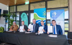 Bay of Plenty Regional Council chairwoman Matemoana McDonald, Western Bay of Plenty mayor James Denyer, Tauranga mayor Mahé Drysdale, Local Government Minister Simon Watts, and Infrastructure Minister Chris Bishop, at the signing of the Western Bay of Plenty regional and city deal.