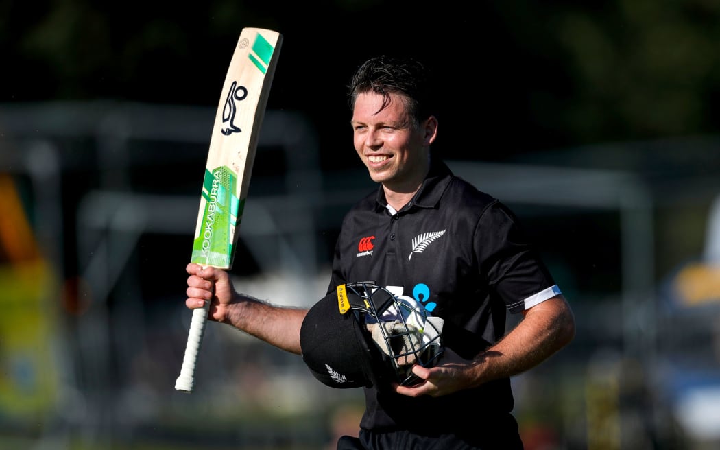 Century maker New Zealand's Michael Bracewell celebrates winning runs against Ireland 2022.