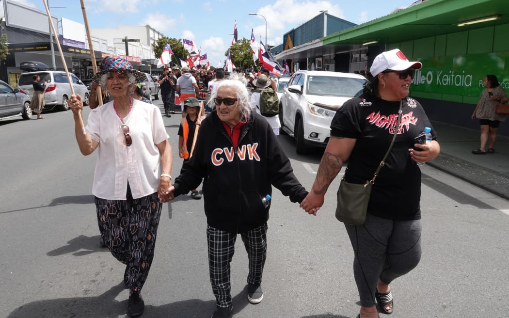 Emily Murray, 88, of Pukepoto, was one of the oldest marchers taking part in  Friday’s hīkoi through Kaitāia.