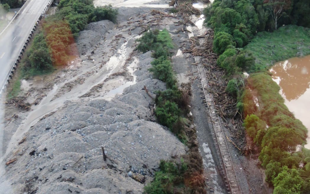 A view of the Jones Creek rail bridge in northern Buller following a sudden rainstorm in early May 2022.